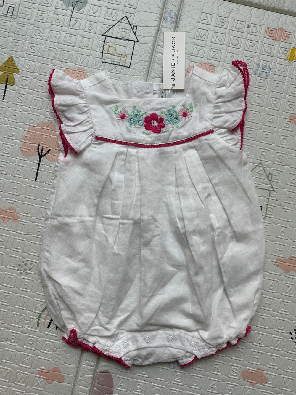 Janie and Jack White Baby Bubble Romper with Pink Floral Embroidery